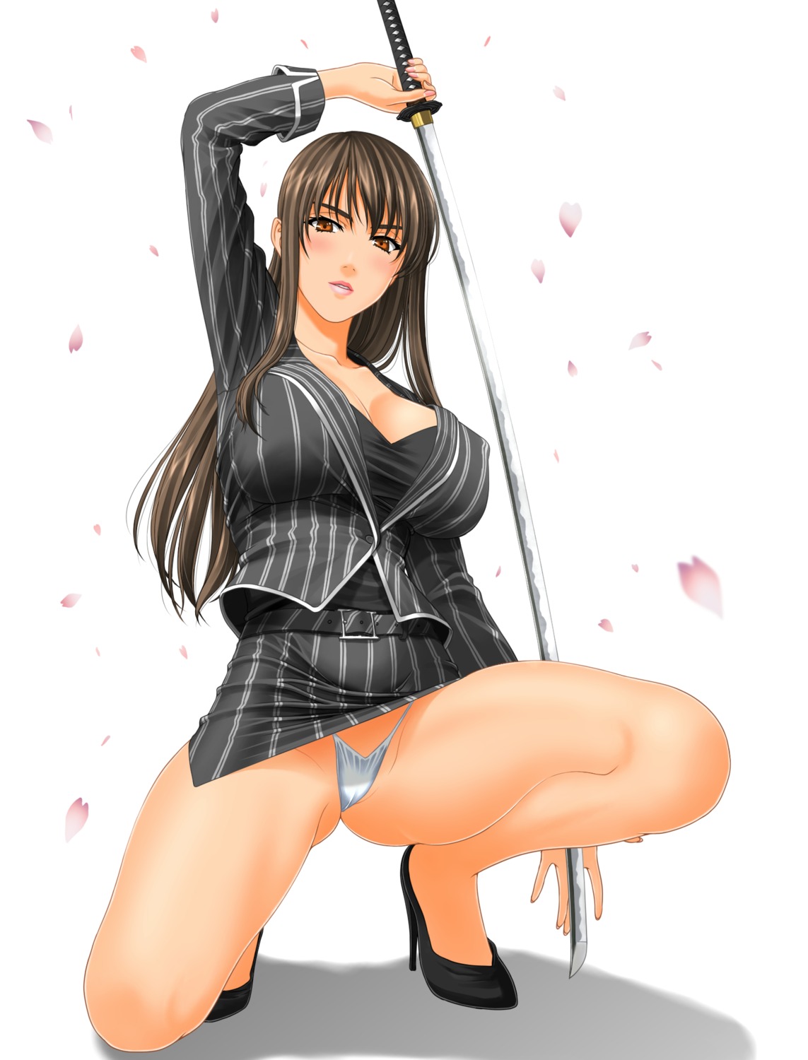 business_suit cameltoe cleavage erect_nipples heels muryuuin_tayun no_bra pantsu sword