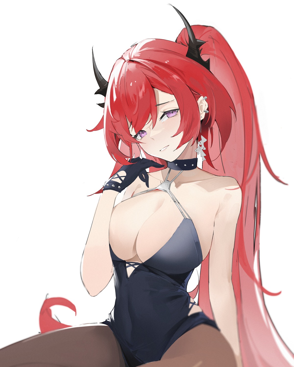 arknights foorzzz horns leotard no_bra pantyhose surtr_(arknights)