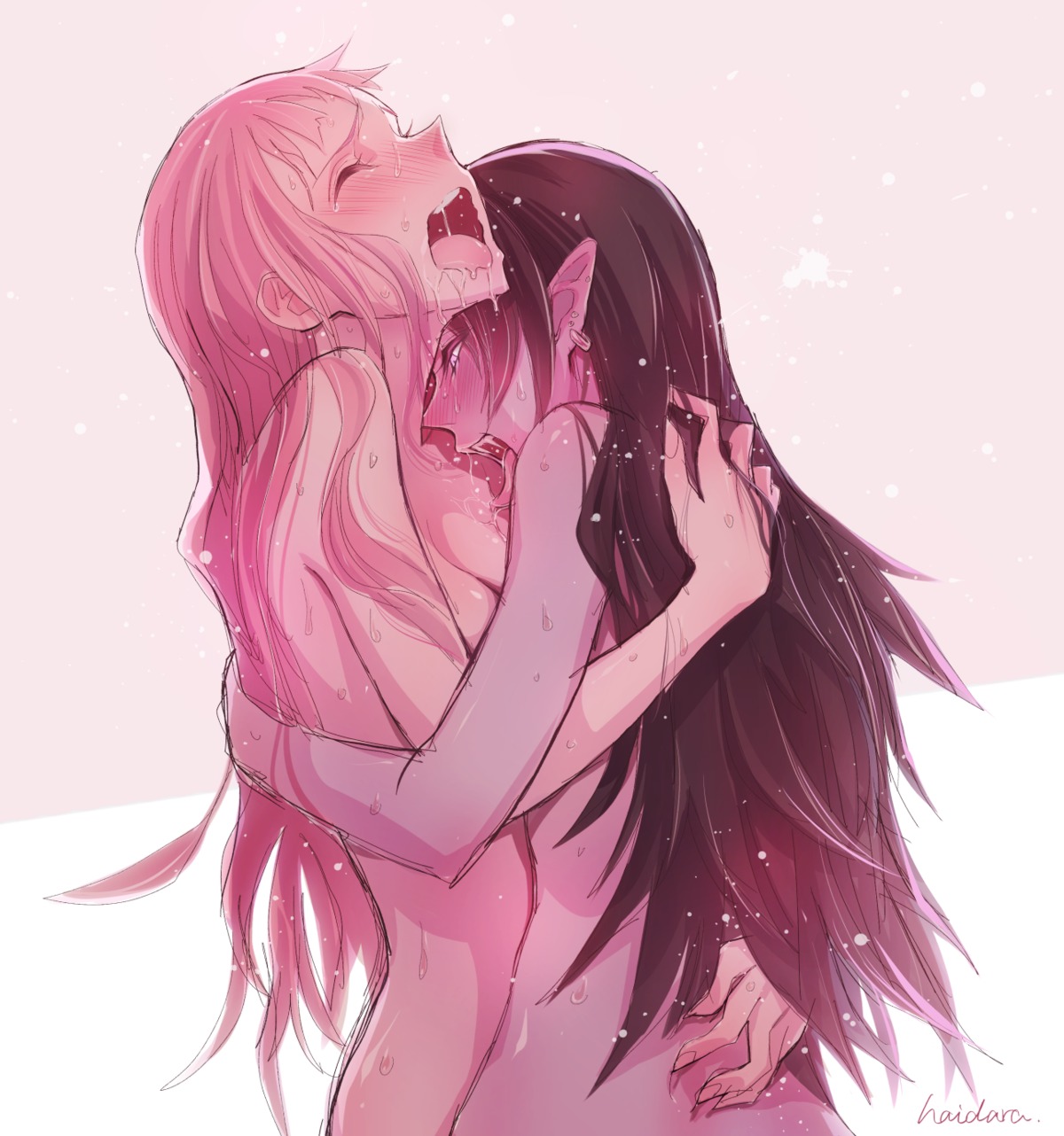 adventure_time haidara marceline_abadeer naked pointy_ears princess_bonnibel_bubblegum symmetrical_docking wet yuri