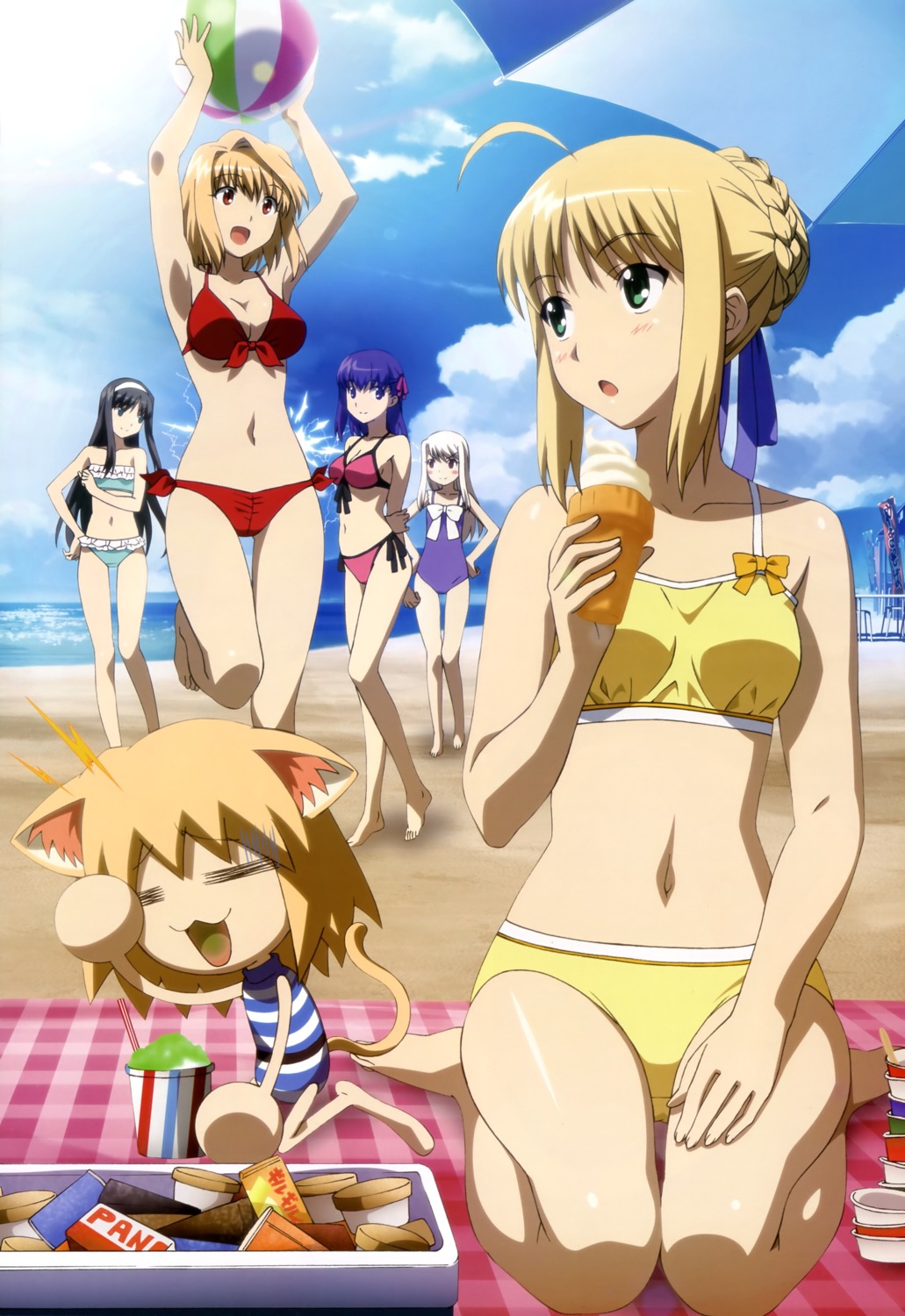 animal_ears arcueid_brunestud bikini carnival_phantasm chibi cleavage crossover fate/stay_night hirose_tomohito illyasviel_von_einzbern matou_sakura neko_arc nekomimi saber swimsuits tail toono_akiha tsukihime