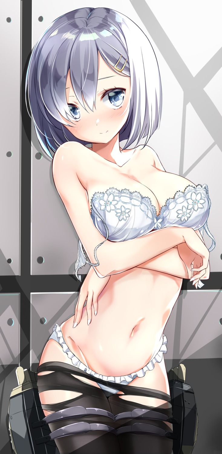 bra breast_hold cleavage hamakaze_(kancolle) hamaken kantai_collection pantsu pantyhose torn_clothes