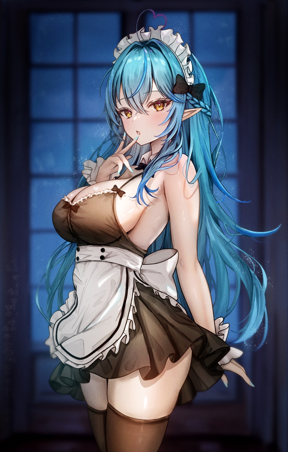 elf hololive maid mito_soosu no_bra pointy_ears thighhighs yukihana_lamy