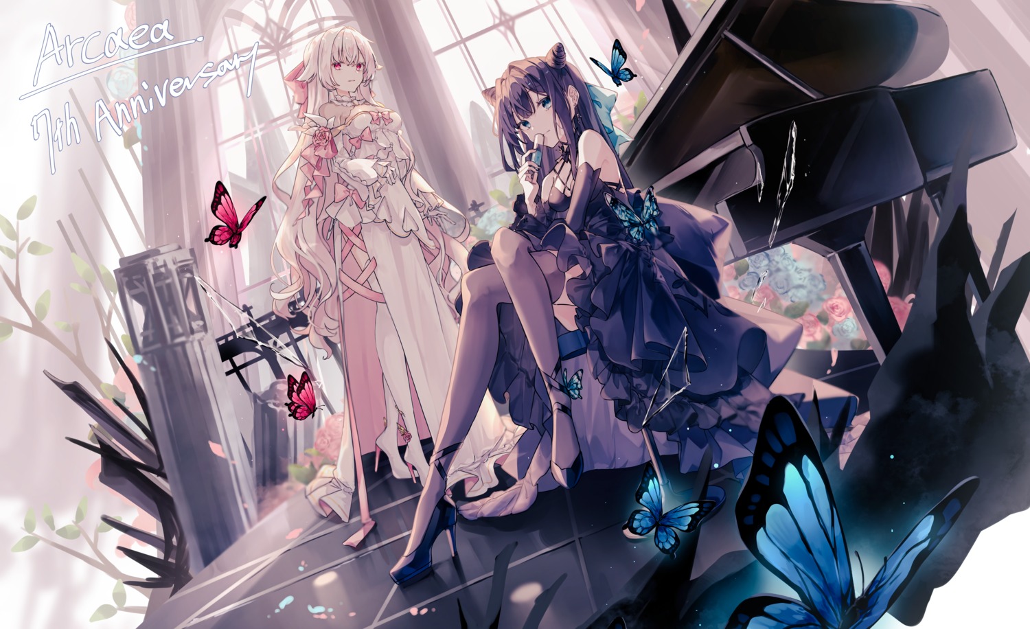 arcaea dress heels hikari_(arcaea) miyu_(miy_u1308) no_bra skirt_lift tairitsu_(arcaea) thighhighs