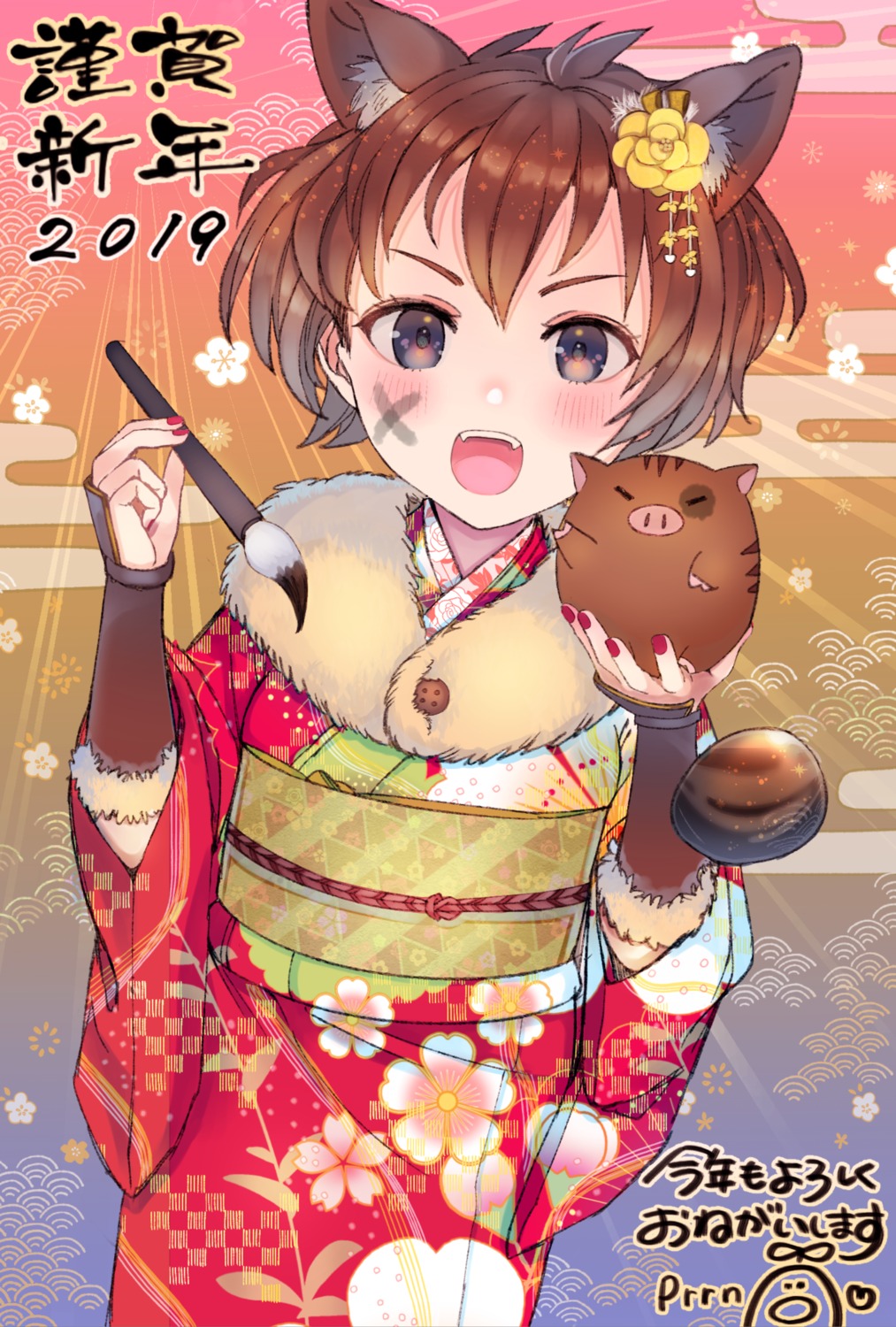 ancolatte_(onikuanco) animal_ears kemono_friends kimono wild_boar