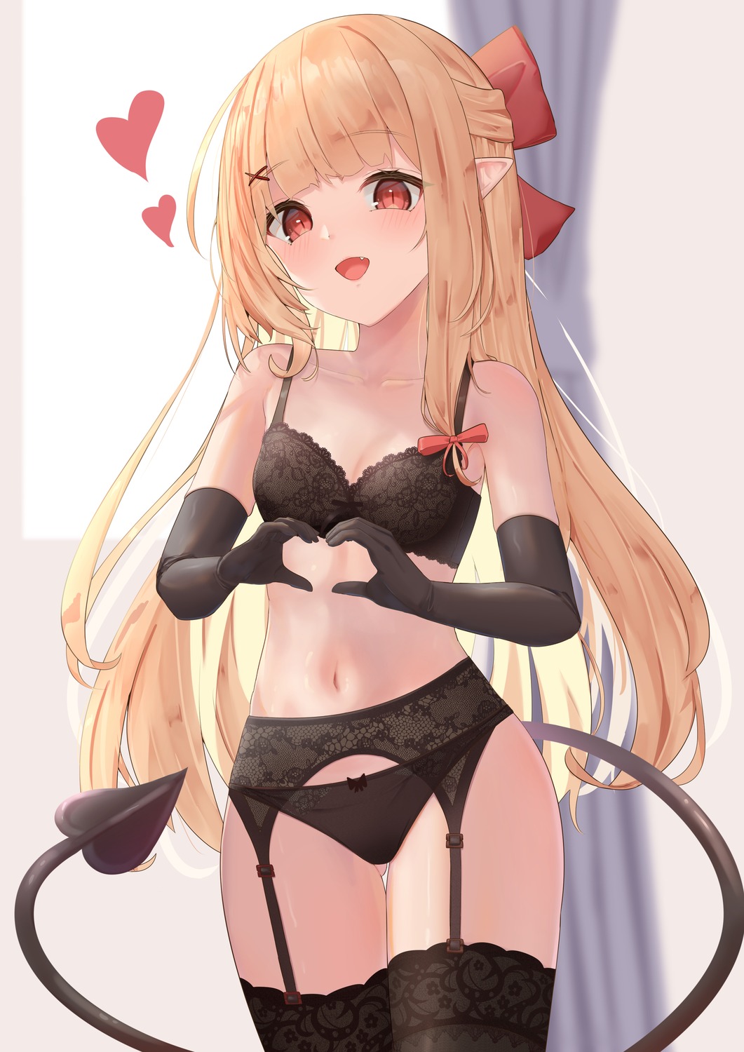 bra garter_belt harutaruouob pantsu pointy_ears stockings tail thighhighs