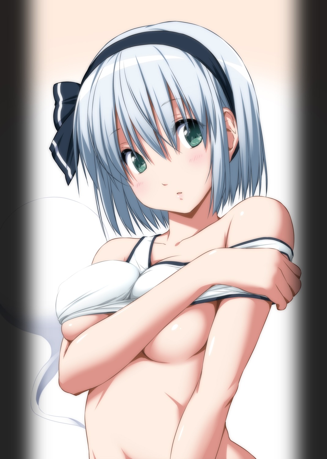 bra breast_hold konpaku_youmu nori_tamago shirt_lift touhou underboob undressing