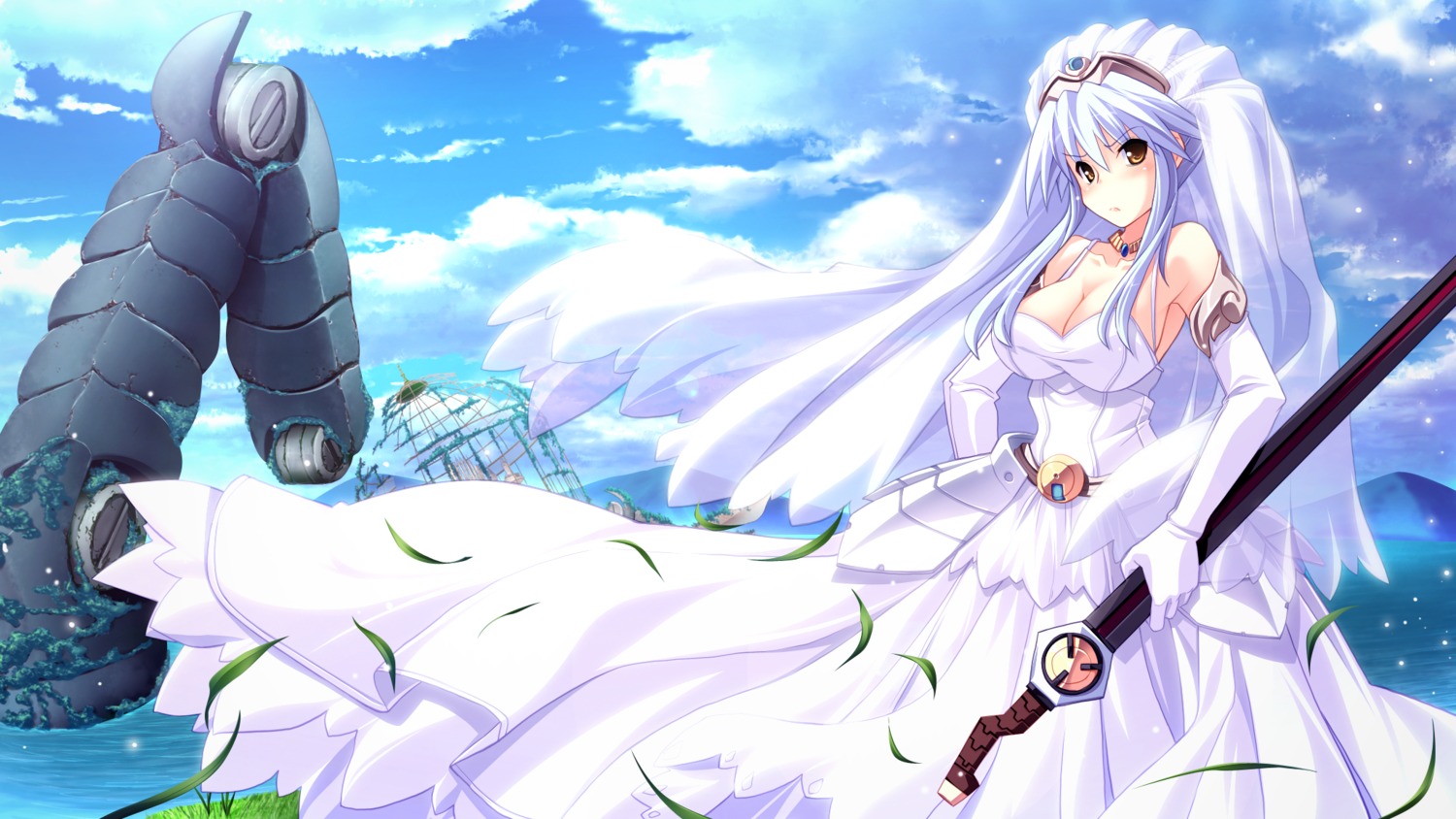 cleavage dress game_cg juno_verde skyfish soukyuu_no_soleil sword tsurugi_hagane wedding_dress