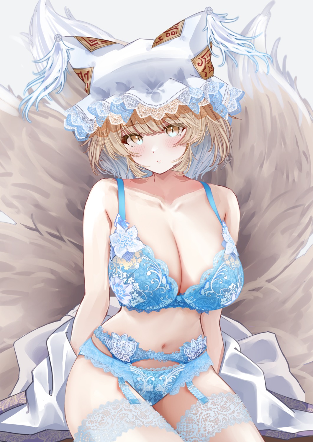 animal_ears bra garter_belt kitsune lingerie open_shirt pantsu sarasadou_dan stockings tail thighhighs touhou yakumo_ran