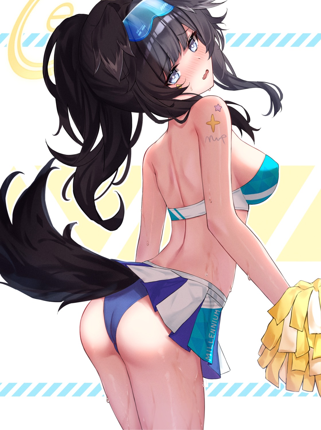 animal_ears ass atychi blue_archive cheerleader halo inumimi nekozuka_hibiki no_bra pantsu skirt_lift tail tattoo thong