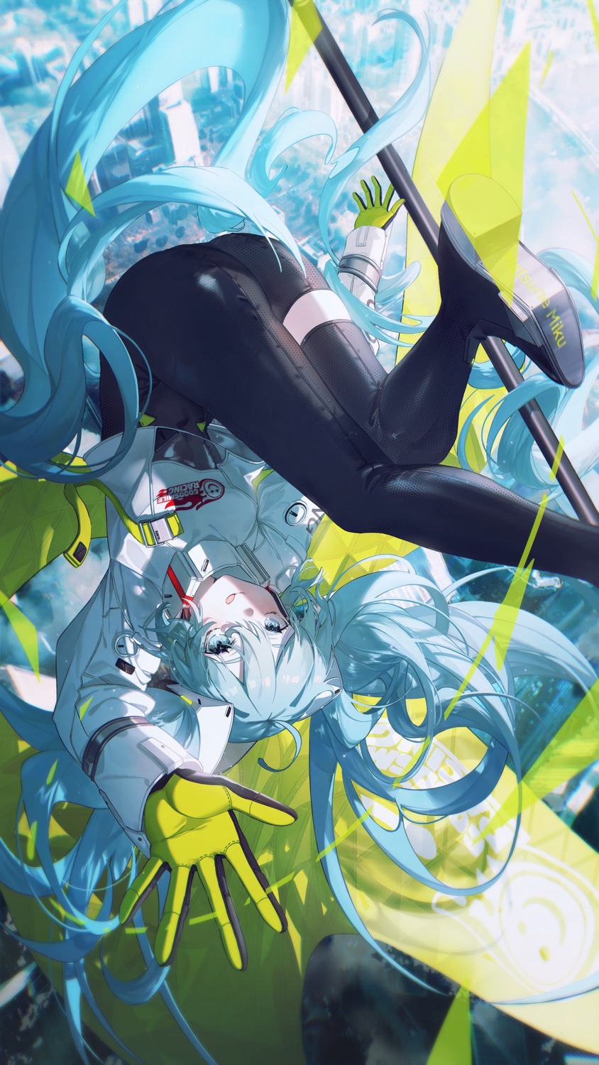 bodysuit goodsmile_racing hatsune_miku headphones heels konya_karasue racing_miku thighhighs vocaloid