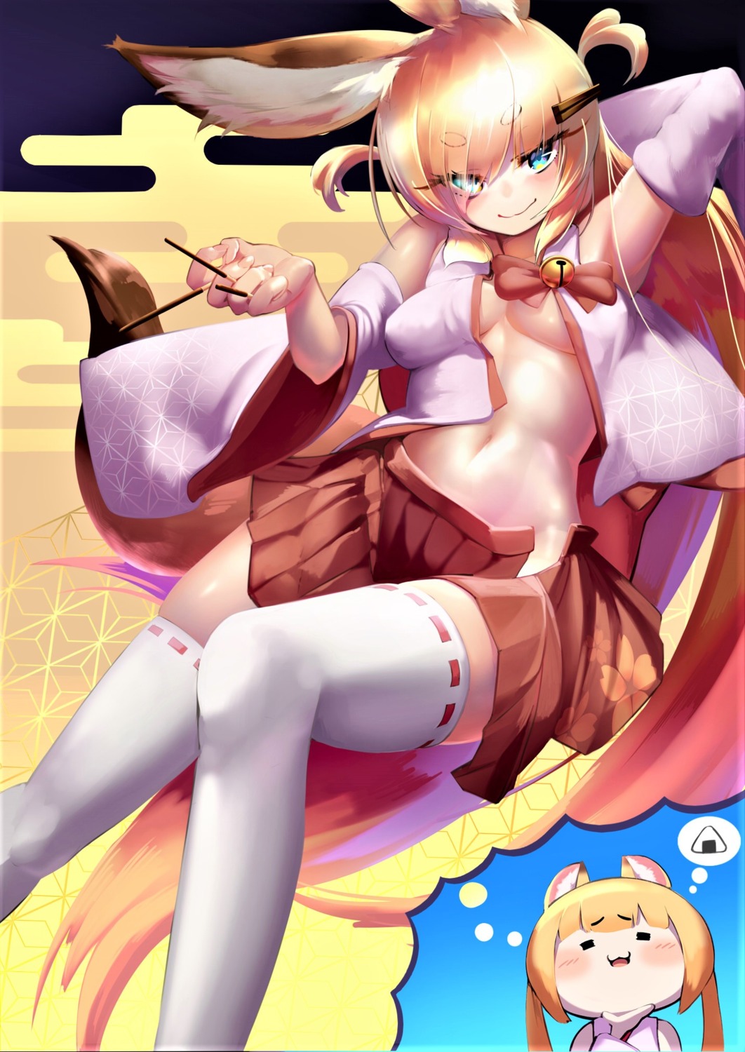 animal_ears gesoking kitsune miko no_bra open_shirt thighhighs