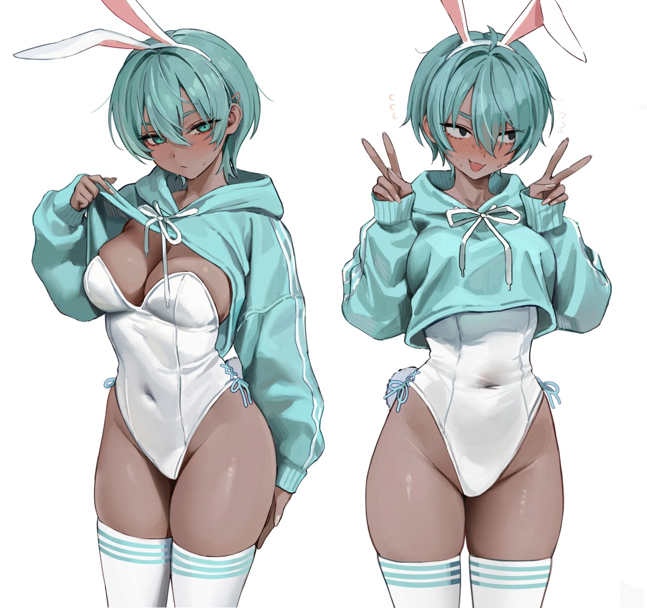 animal_ears bunny_ears bunny_girl gompang_11 no_bra shirt_lift tail thighhighs undressing