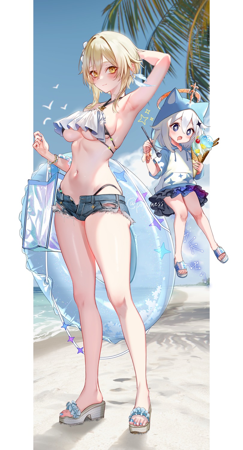 bikini genshin_impact loli lumine paimon pottsness swimsuits torn_clothes