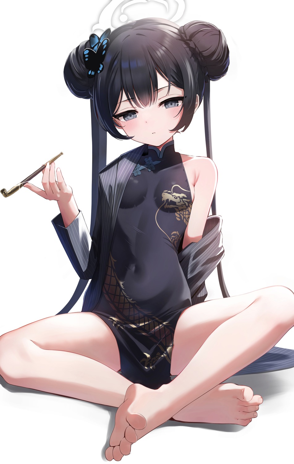 blue_archive chinadress feet halo koisuke loli no_bra ryuuge_kisaki smoking