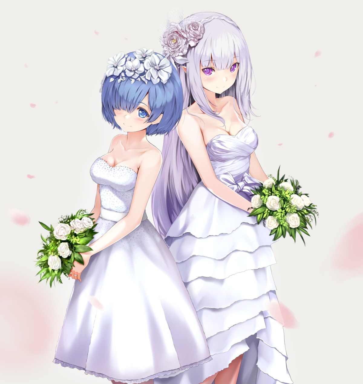 cleavage dress elf emilia_(re_zero) ep_(emio_parn) pointy_ears re_zero_kara_hajimeru_isekai_seikatsu rem_(re_zero) wedding_dress