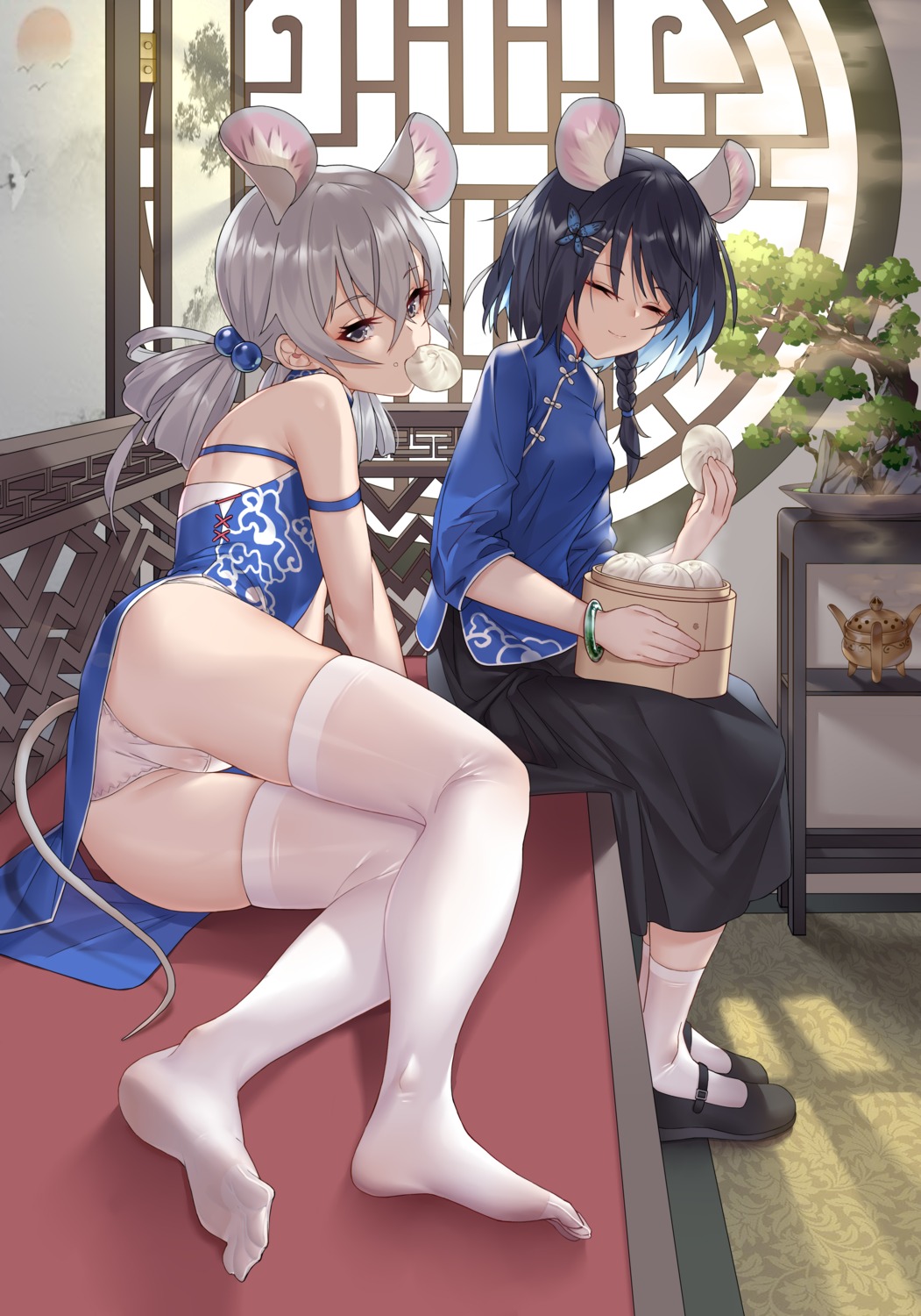 animal_ears asian_clothes ass benghuai_xueyuan bronya_zaychik chinadress feet ginklaga honkai_impact pantsu seele_vollerei skirt_lift tail thighhighs