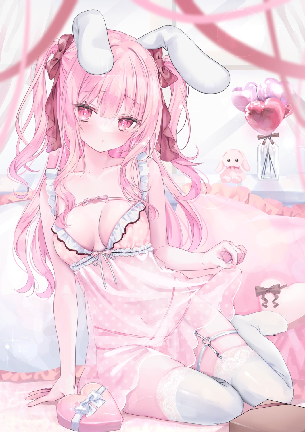 animal_ears bunny_ears detexted garter indie_virtual_youtuber kabashima_hana lingerie pantsu see_through skirt_lift stockings thighhighs thong usada_mochiko valentine