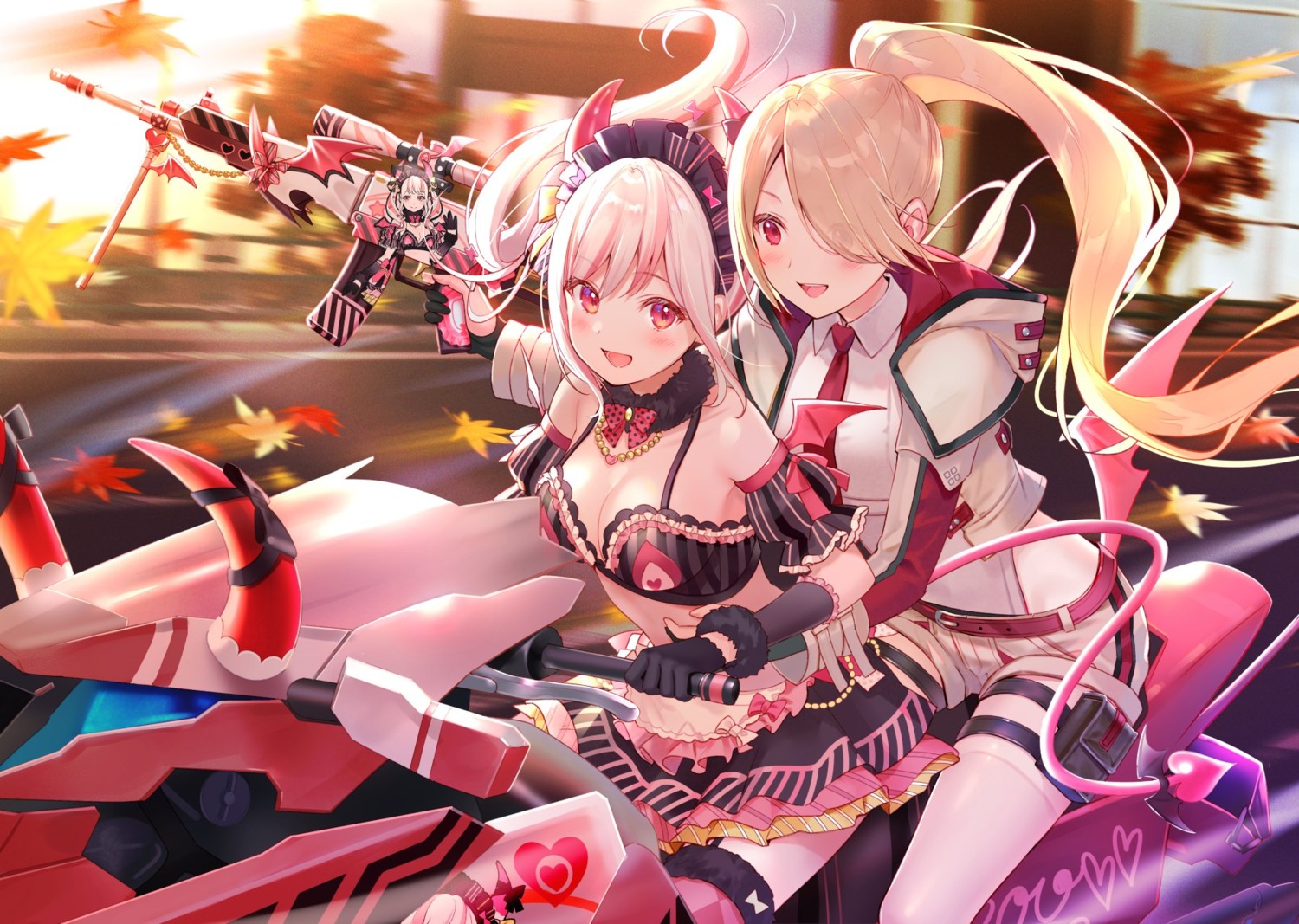 bra cleavage fukahire garter gun horns knives_out stockings tail thighhighs uniform wings yuri