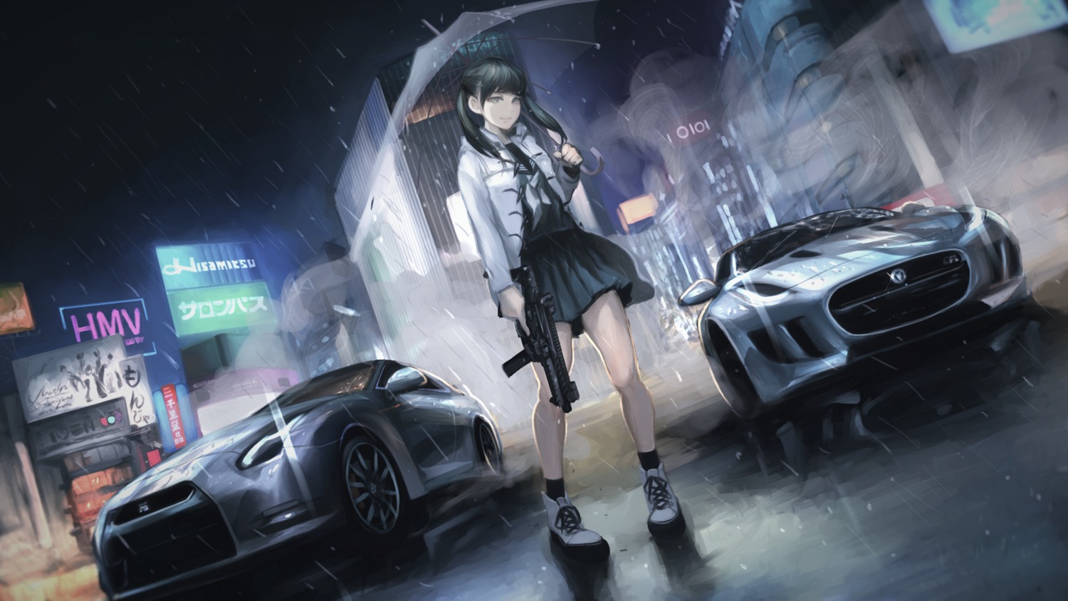 gun open_shirt seifuku terabyte_(rook777) umbrella wallpaper weapon