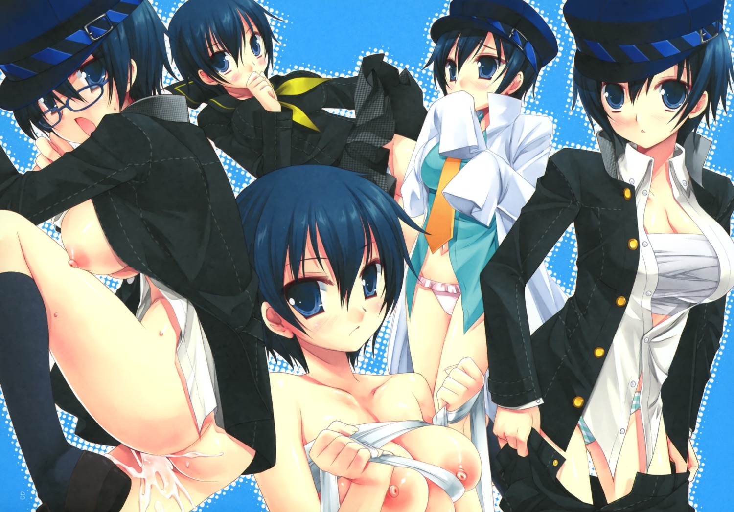 ass breasts cameltoe cum d.n.a.lab megane megaten miyasu_risa nipples open_shirt pantsu paper_texture persona persona_4 sarashi seifuku shimapan shirogane_naoto undressing