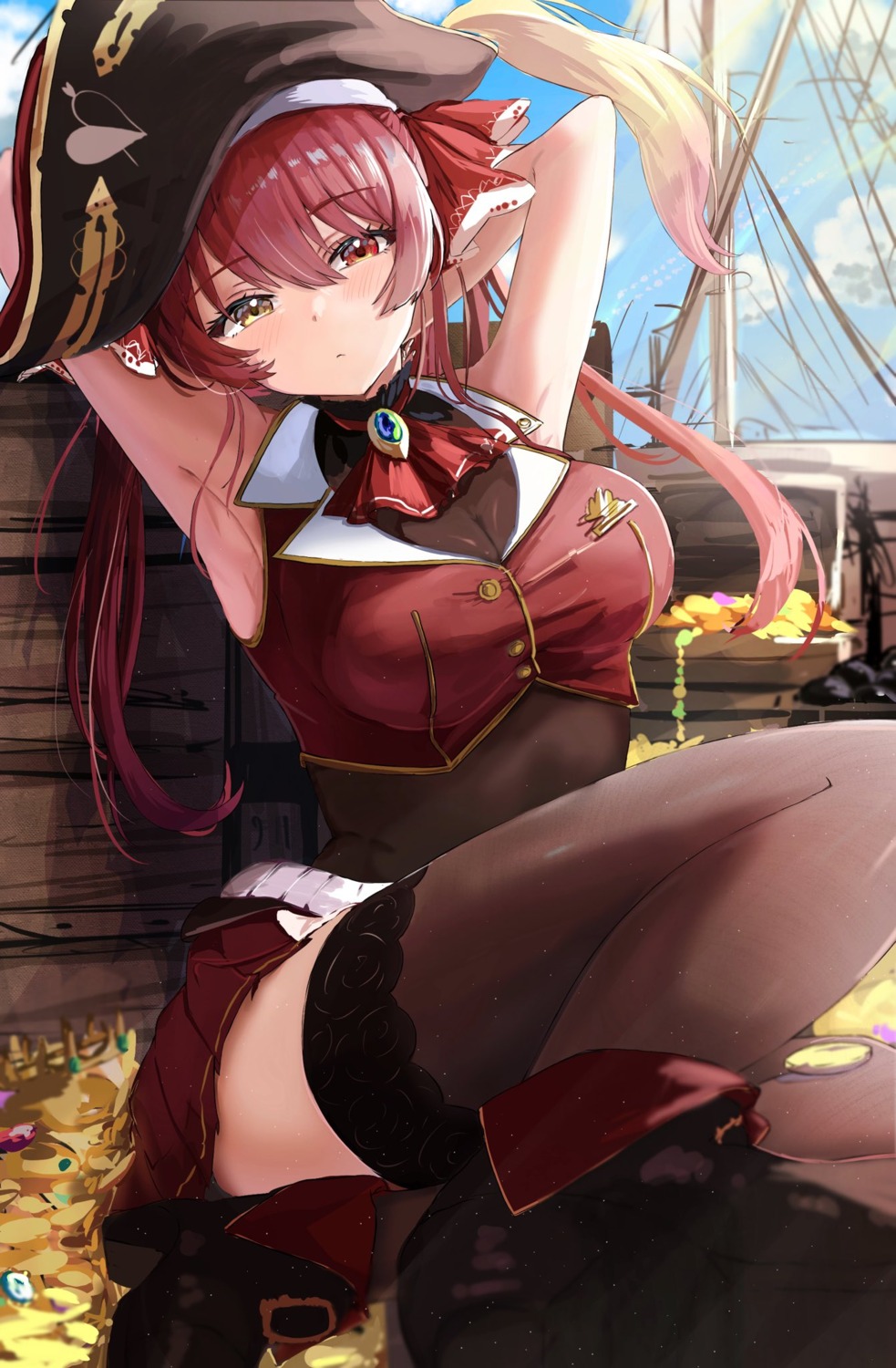 amefukura_art duplicate heels heterochromia hololive houshou_marine pirate thighhighs