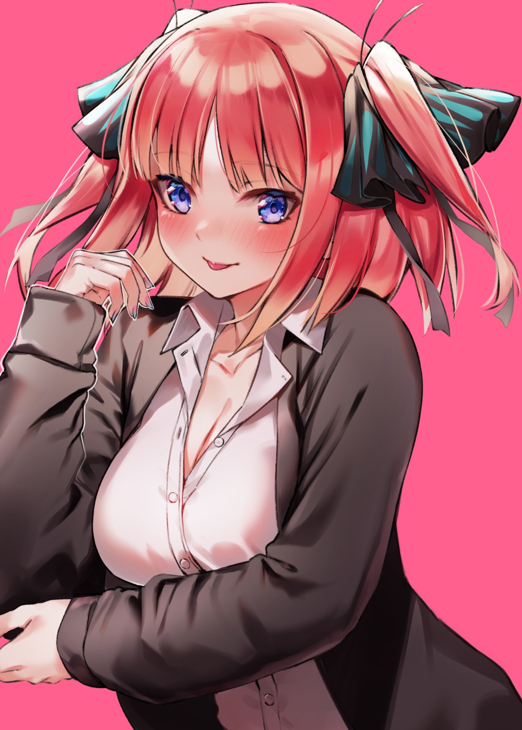 5-toubun_no_hanayome cleavage hachiroku_(hatirokusann86) nakano_nino open_shirt seifuku sweater