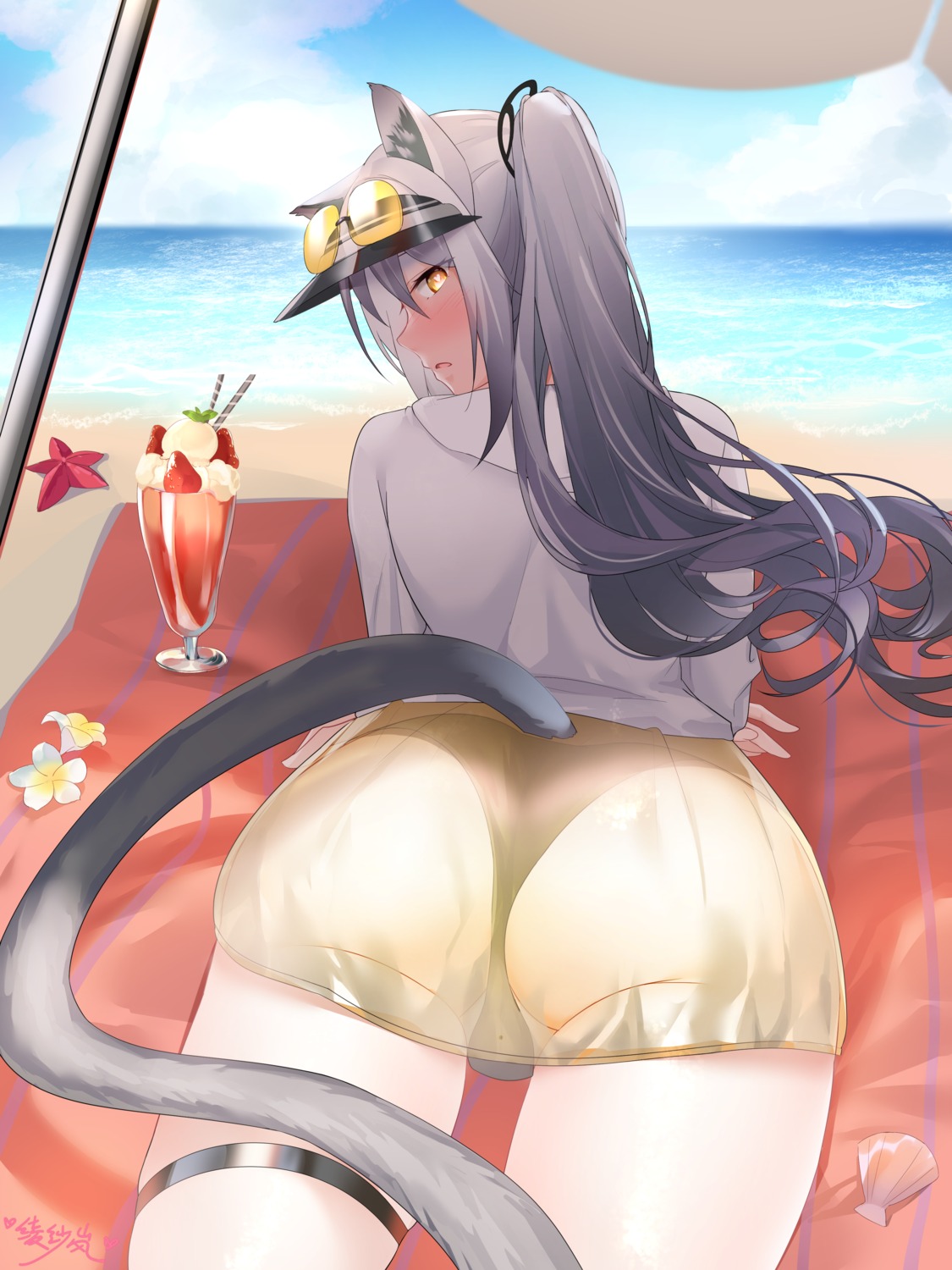 animal_ears arknights bikini garter lingshalan megane schwarz_(arknights) see_through swimsuits tail thong