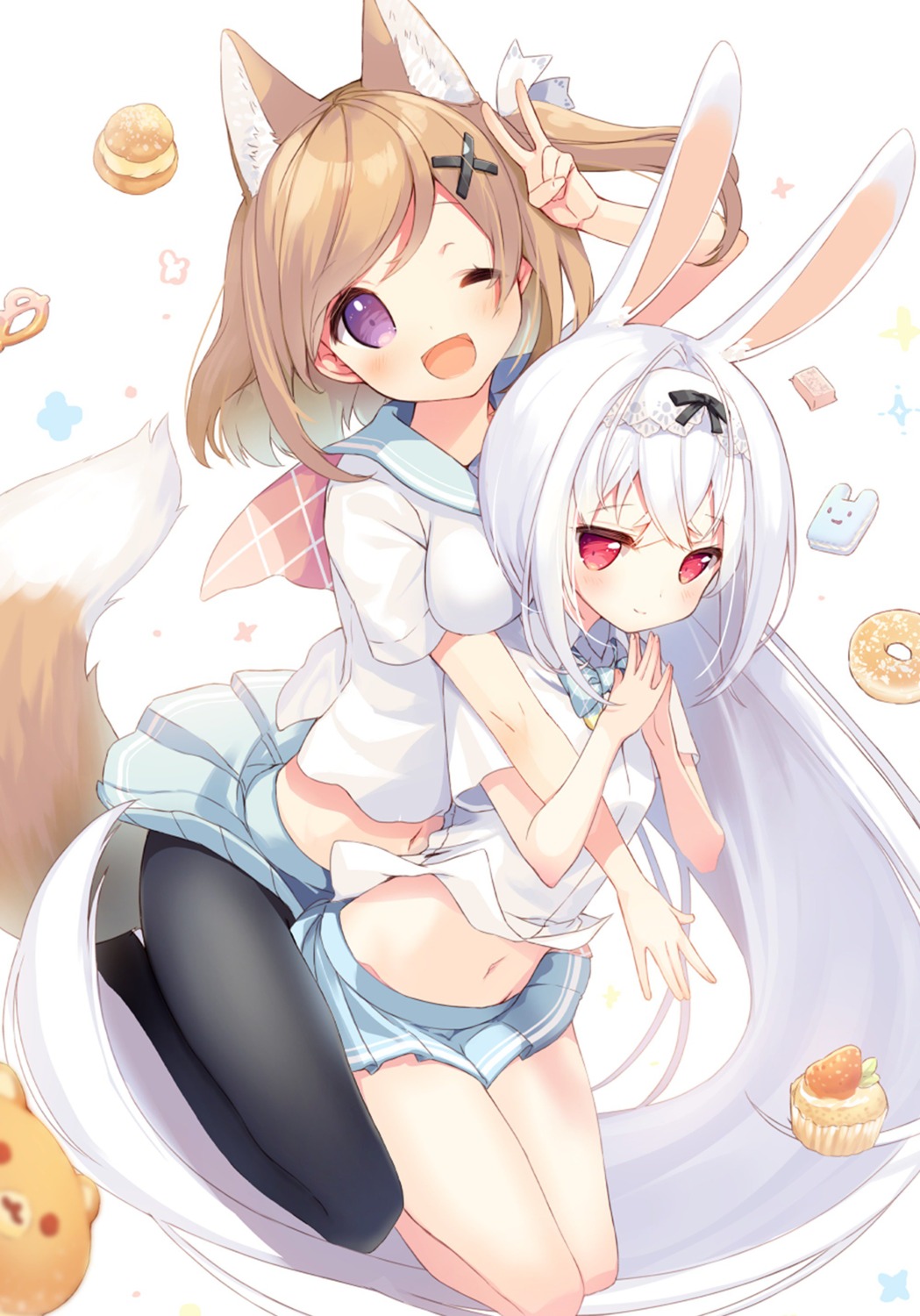 animal_ears bunny_ears cynthia_riddle kitsune p19 pantyhose seifuku skirt_lift tail