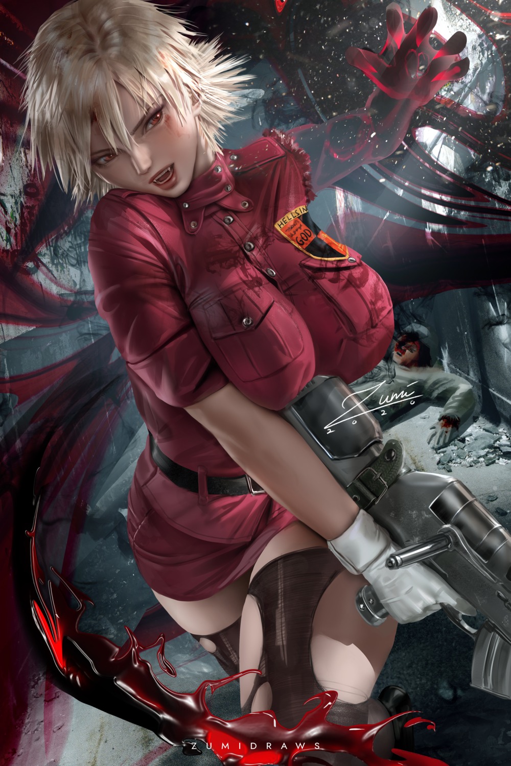 blood gun hellsing seras_victoria skirt_lift thighhighs torn_clothes zumi_(zumidraws)