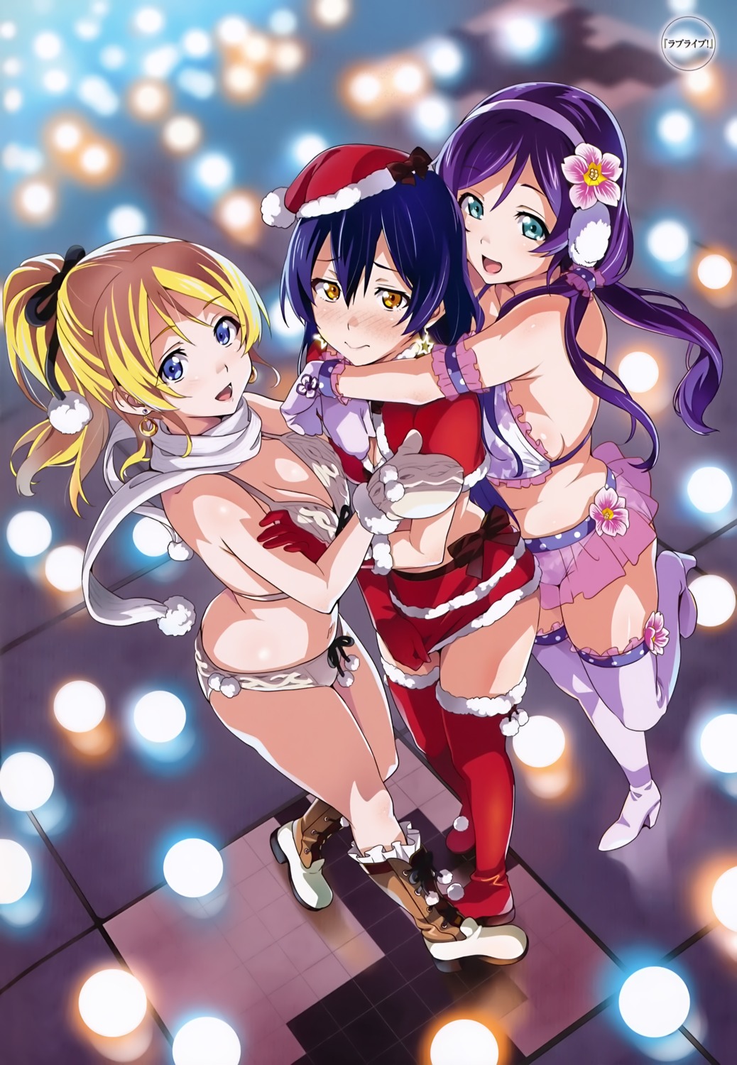 ayase_eli bikini_top christmas cleavage love_live! love_live!_(series) sonoda_umi swimsuits takeda_hiromitsu thighhighs toujou_nozomi