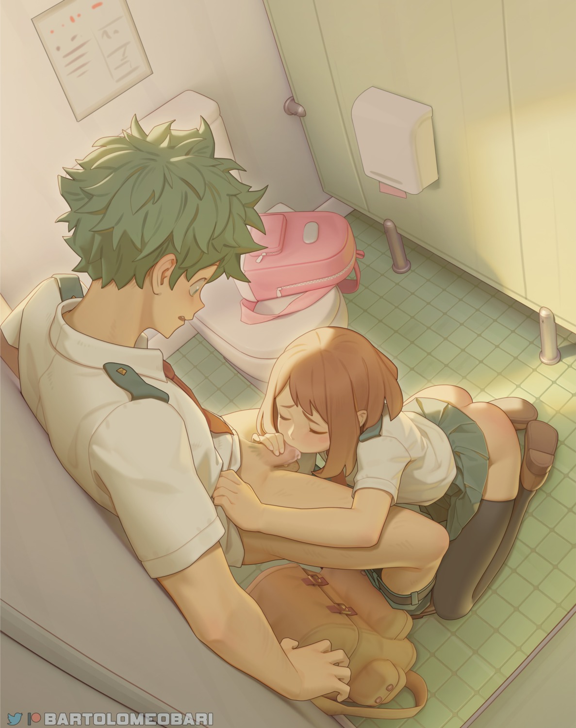 ass bartolomeobari boku_no_hero_academia cum fellatio midoriya_izuku nopan penis seifuku skirt_lift thighhighs uncensored uraraka_ochako