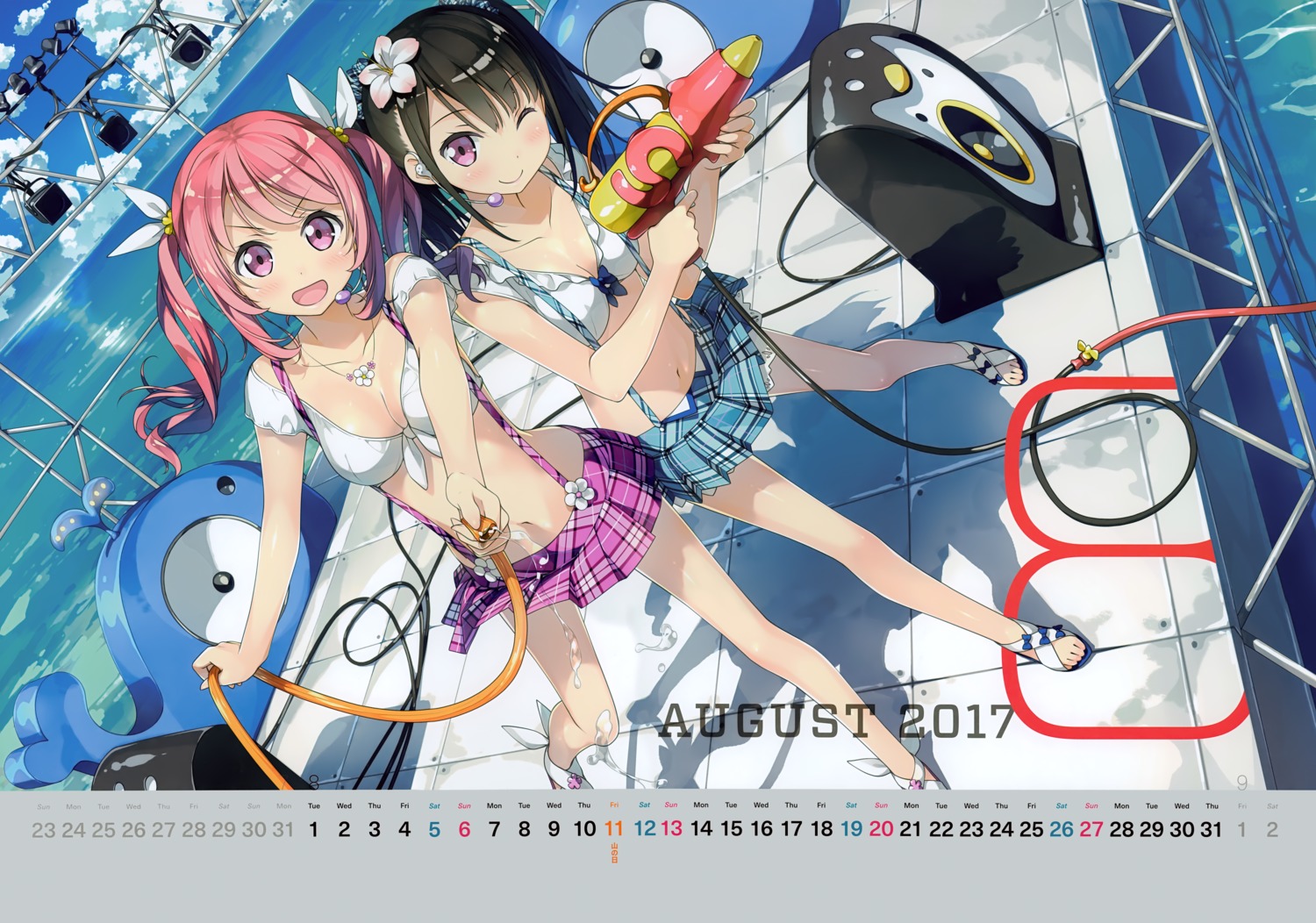 bikini_top calendar gun kantoku kurumi_(kantoku) shizuku_(kantoku) skirt_lift swimsuits