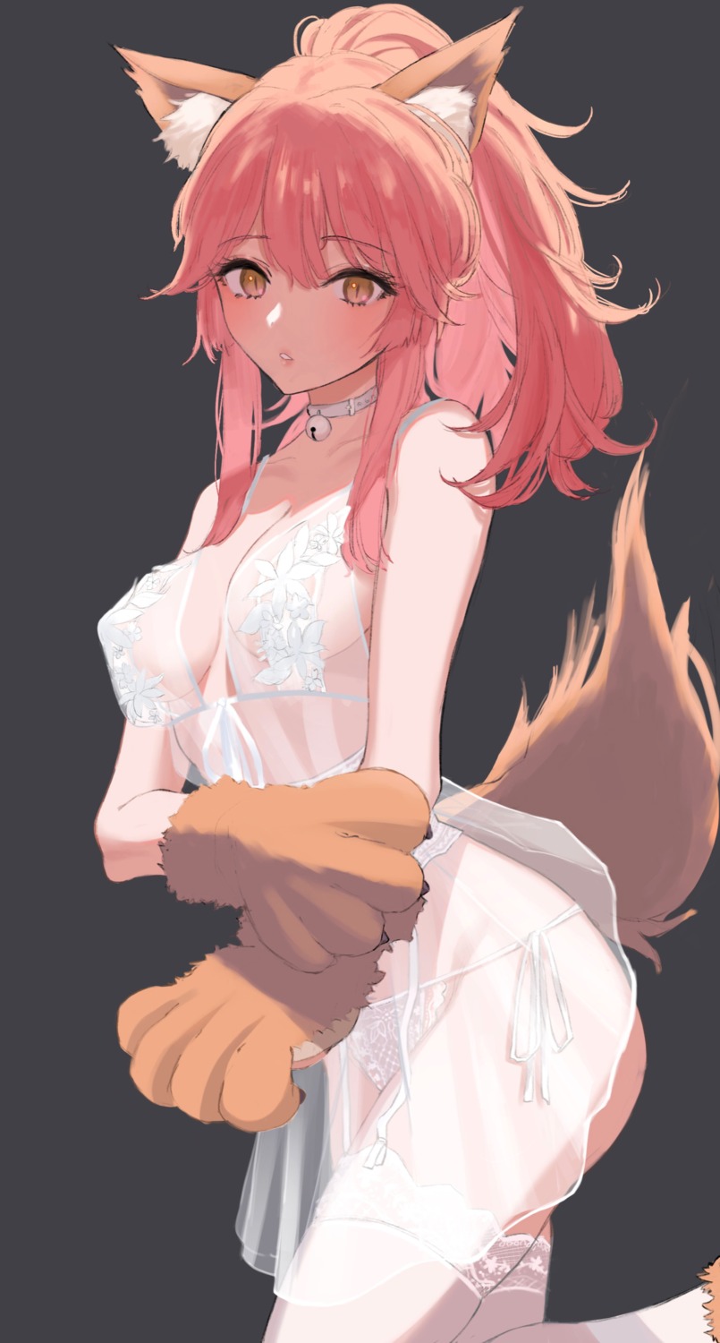 animal_ears areola erect_nipples fate/grand_order garter_belt kitsune lingerie no_bra pantsu see_through stockings string_panties sutochan tail tamamo_cat thighhighs