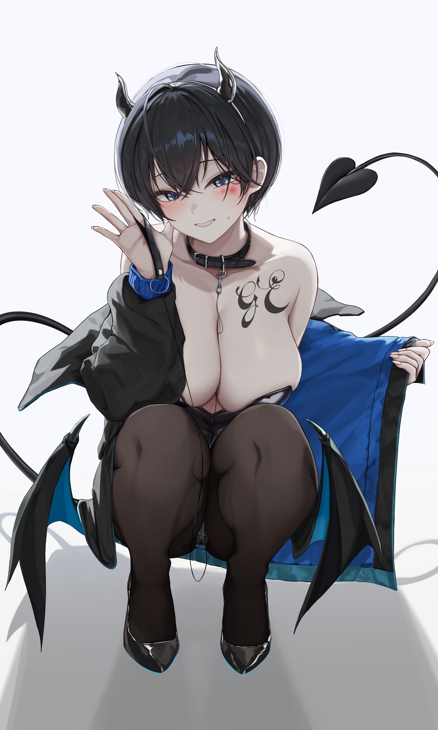 devil gwan-e horns leotard no_bra pantyhose tail tattoo wings