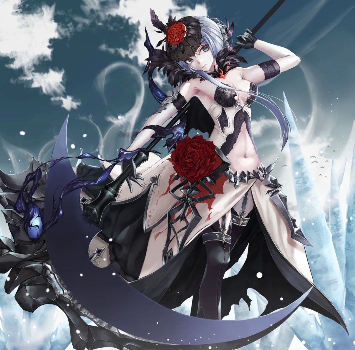 armor bikini_armor cleavage nekobell sinoalice snow_white_(sinoalice) stockings thighhighs torn_clothes weapon