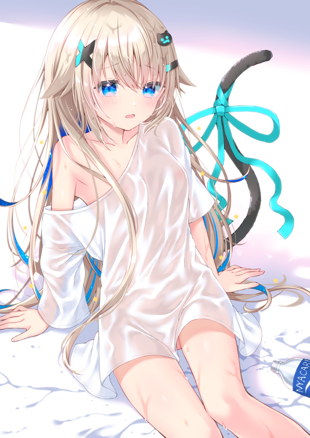 areola bottomless loli no_bra see_through tail uchuuneko wet wet_clothes