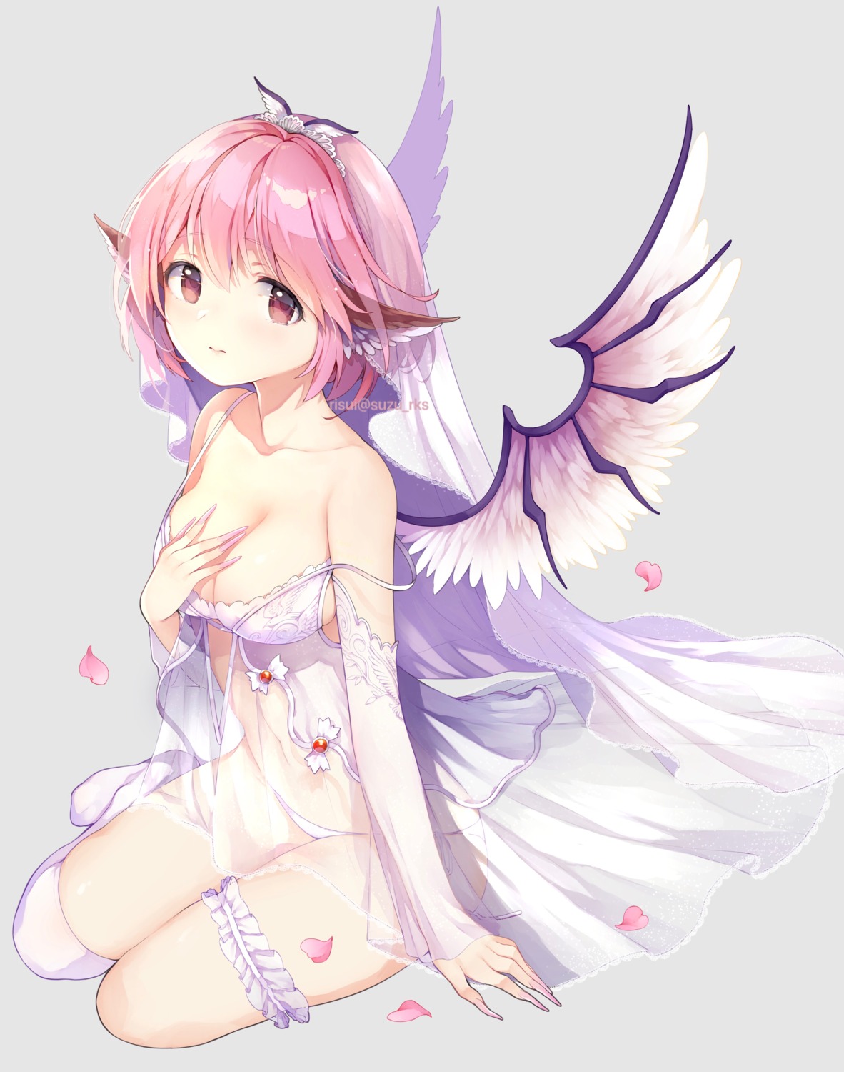 breast_hold cleavage garter lingerie mystia_lorelei pantsu risui see_through signed thighhighs touhou wings