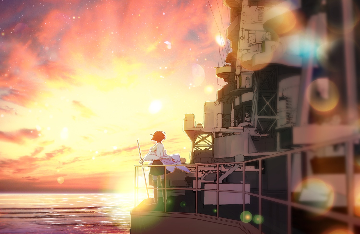 hiei_(kancolle) kantai_collection landscape saki_(little_crown) thighhighs