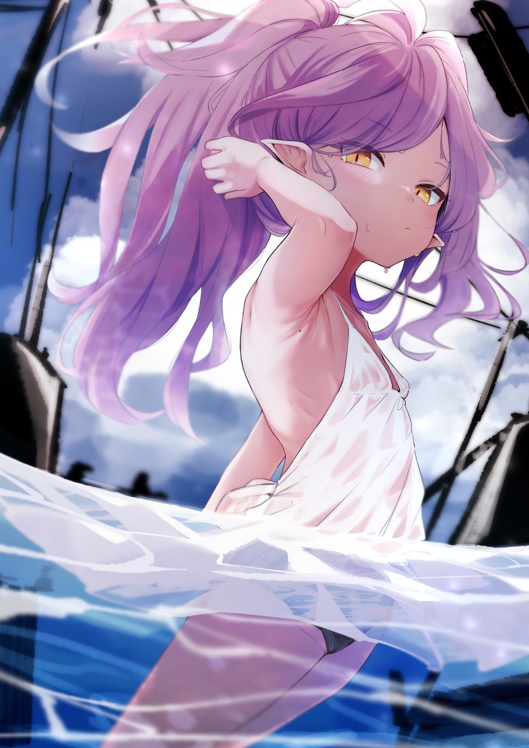 dress kio_(yumekuikio) loli no_bra pantsu pointy_ears see_through summer_dress wet wet_clothes