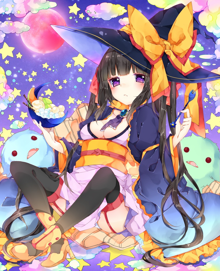 cleavage heels hitokage kimono no_bra pantsu stockings thighhighs witch