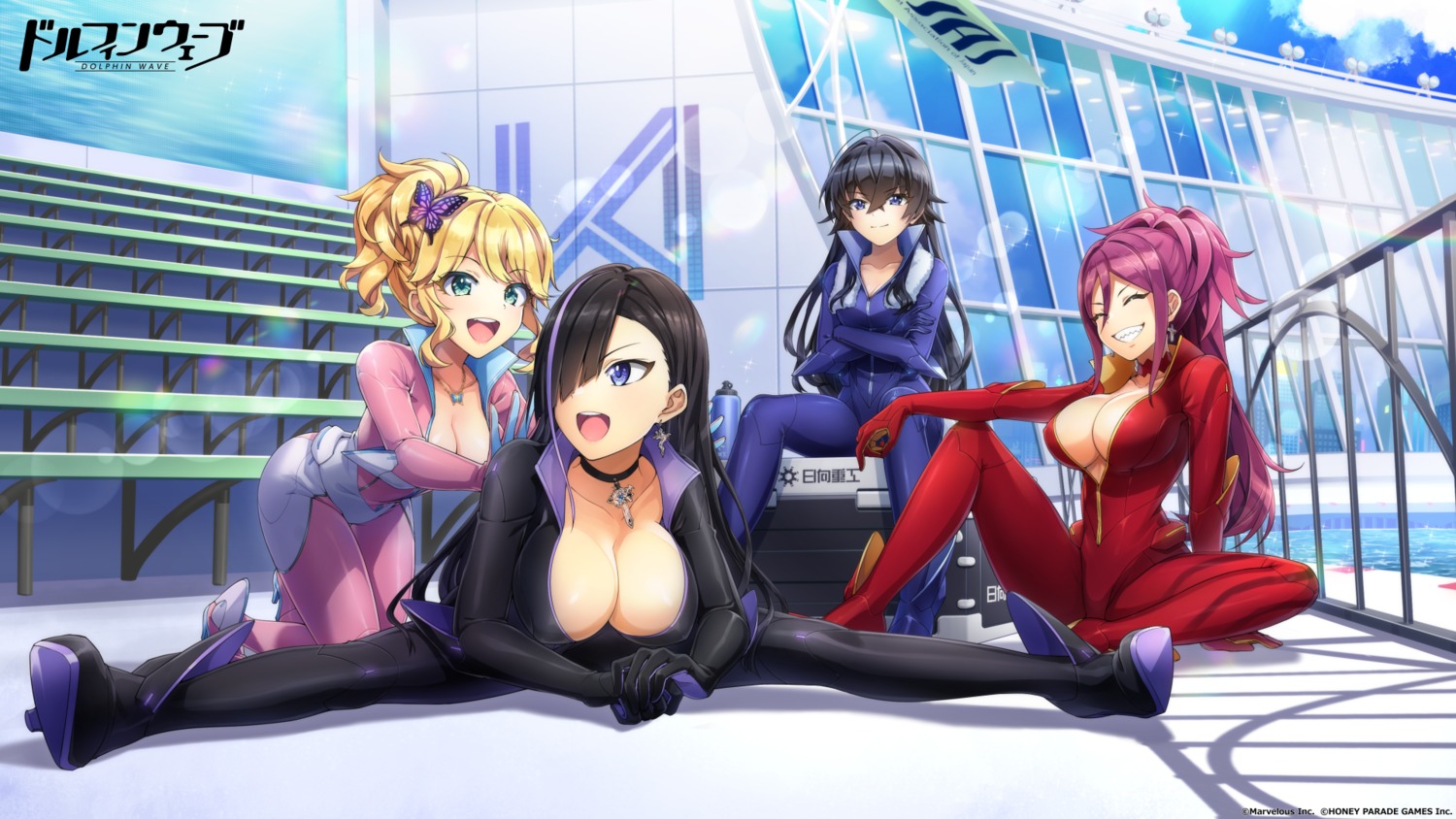 bodysuit dolphin_wave hagane_otsuki heels izumi_kiri kurenashi_yuuri kurose_minami no_bra open_shirt takuji wallpaper