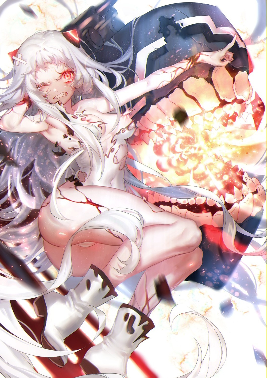 airfield_hime areola blood heels horns kantai_collection swimsuits torn_clothes wardrobe_malfunction zuizi