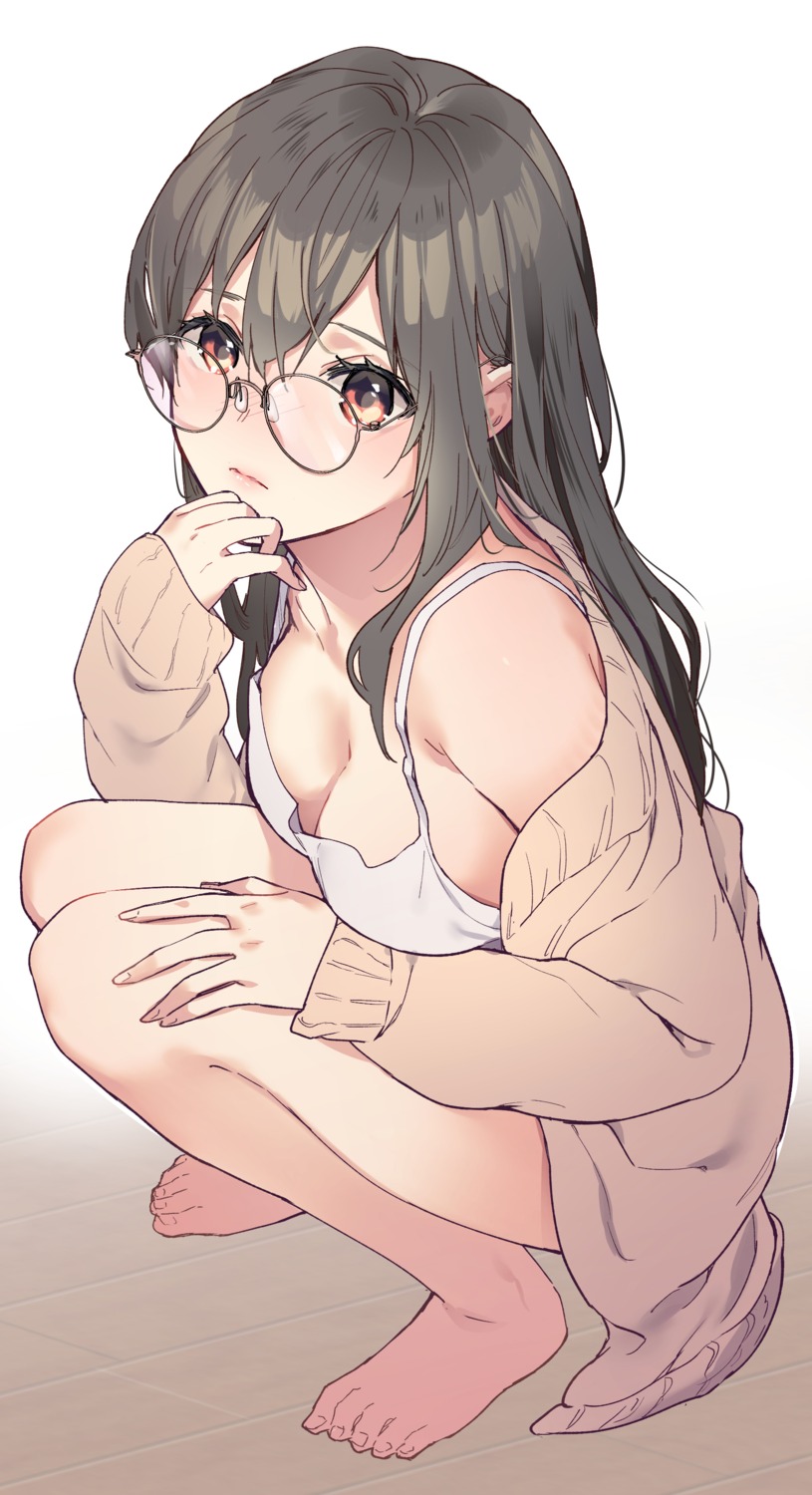 cleavage feet kokoa_(artist) megane no_bra sweater