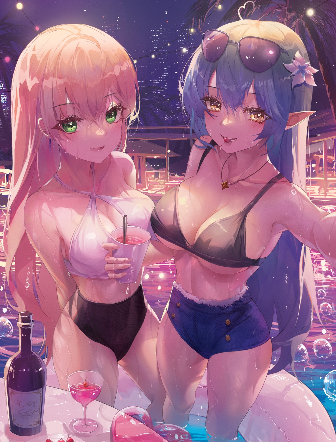 bikini_top elf hololive momosuzu_nene pointy_ears selfie swimsuits turbulence wet yukihana_lamy