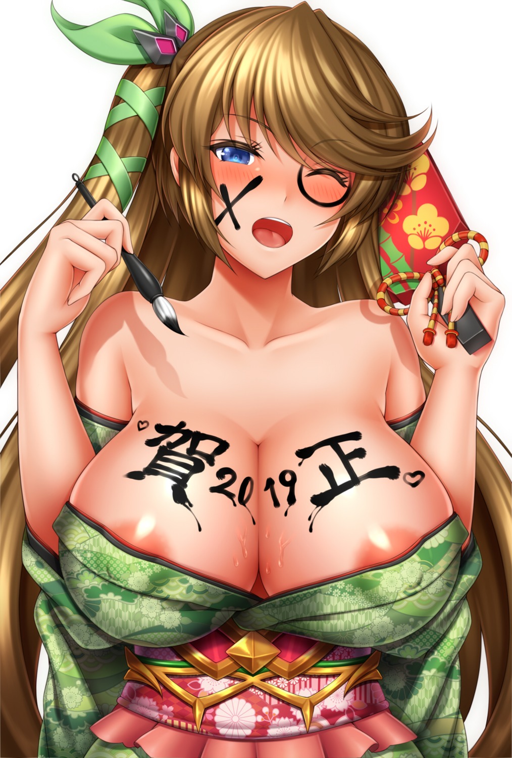 areola erect_nipples japanese_clothes kamihime_project no_bra open_shirt tagme