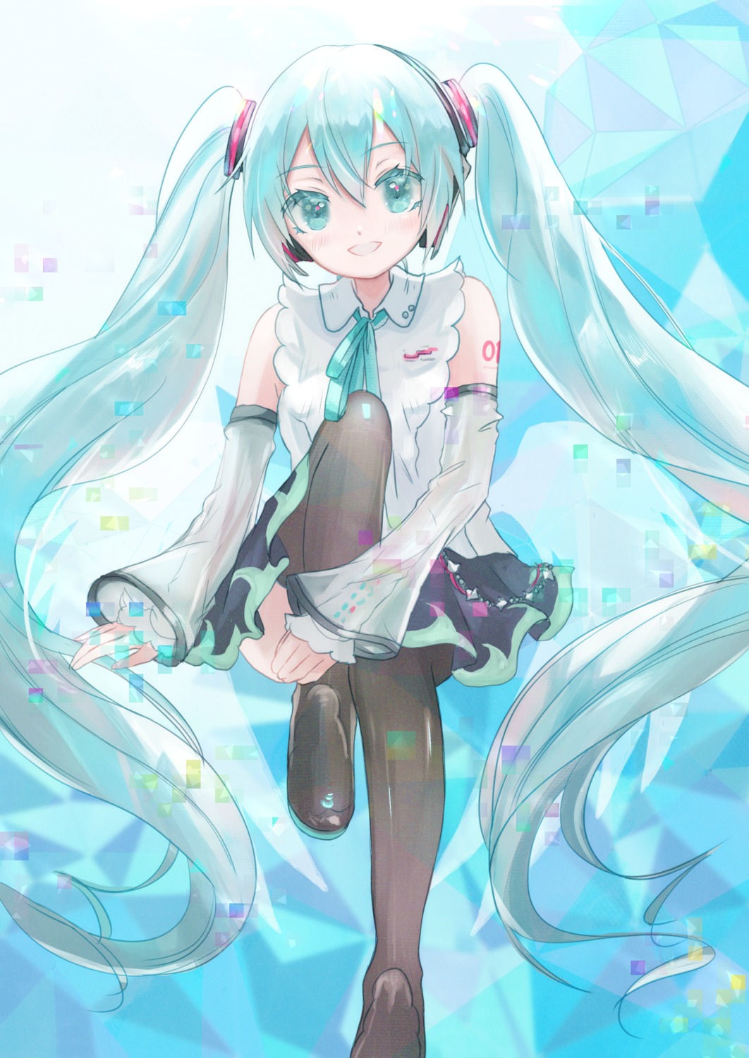 bunapi_(bunapii) hatsune_miku headphones skirt_lift tattoo thighhighs vocaloid