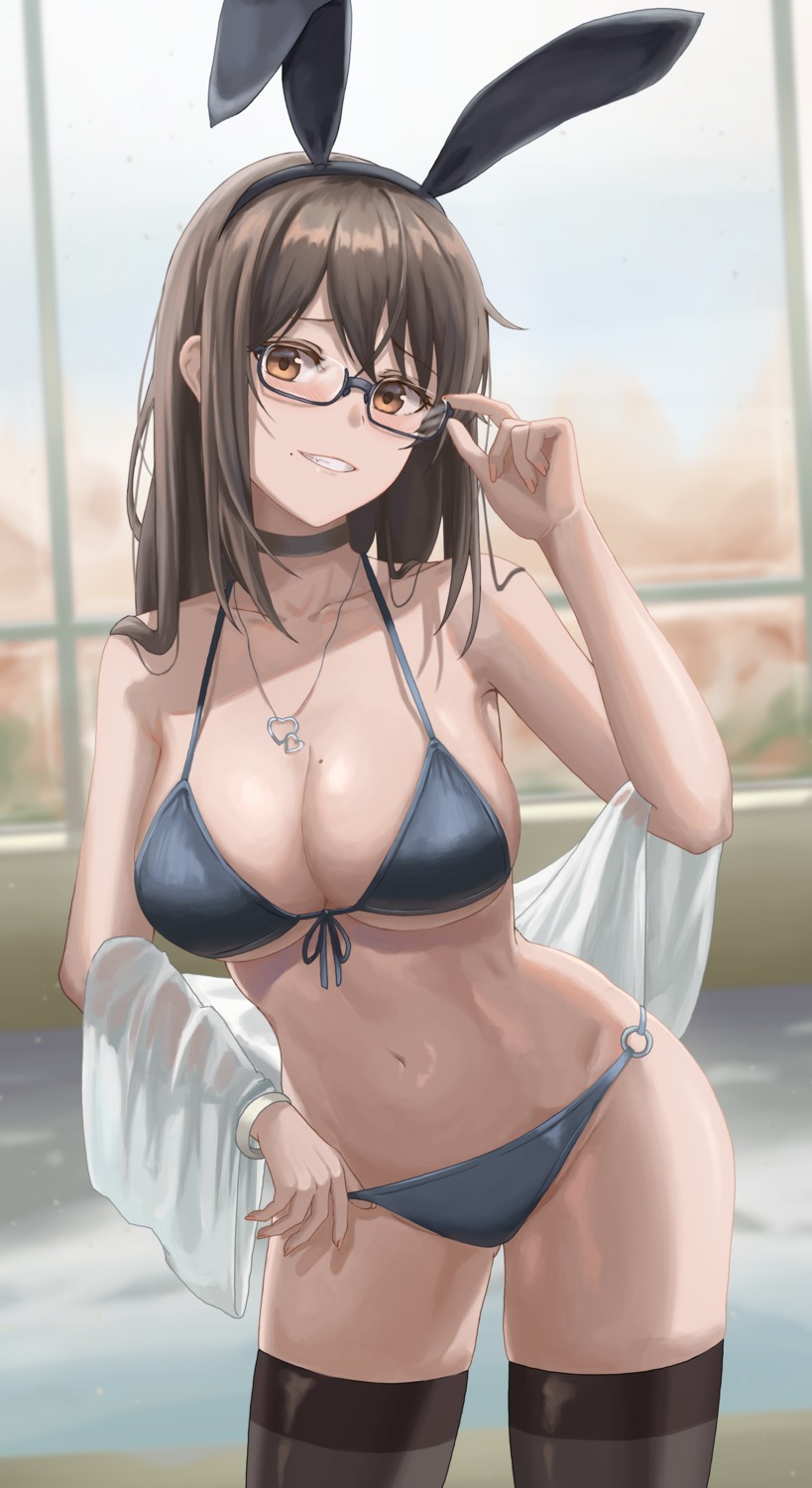 animal_ears bikini bunny_ears megane swimsuits thighhighs yj