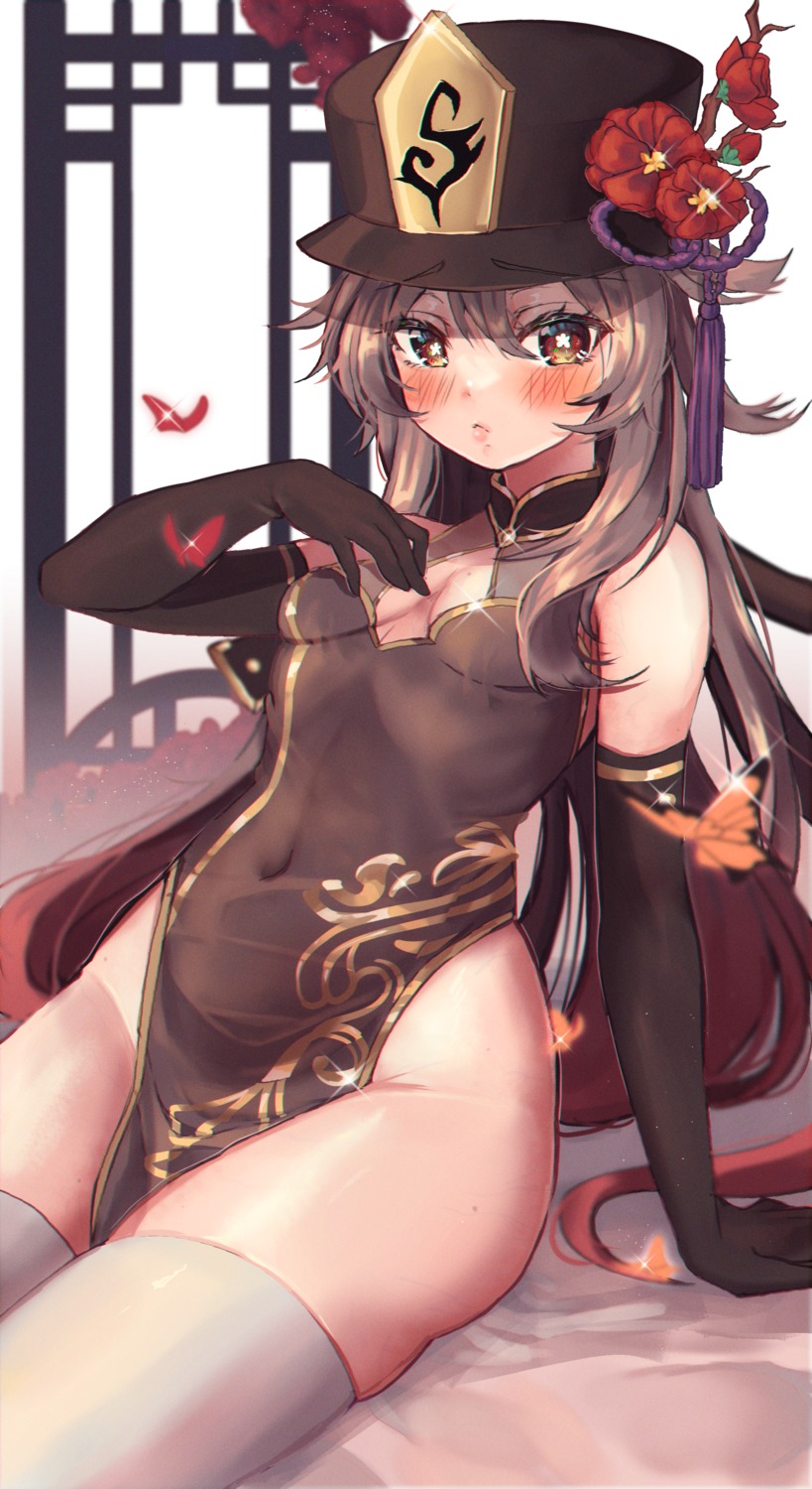 chinadress cleavage genshin_impact hu_tao leehwa no_bra nopan thighhighs