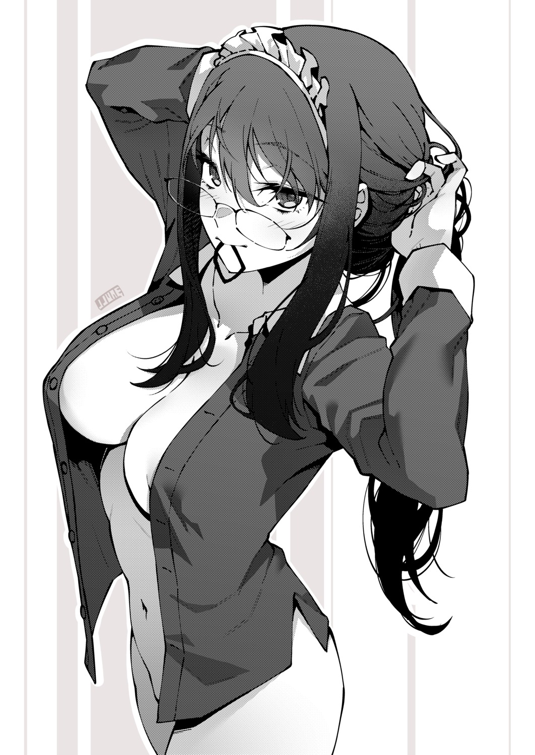 bottomless jjune maid megane monochrome no_bra open_shirt