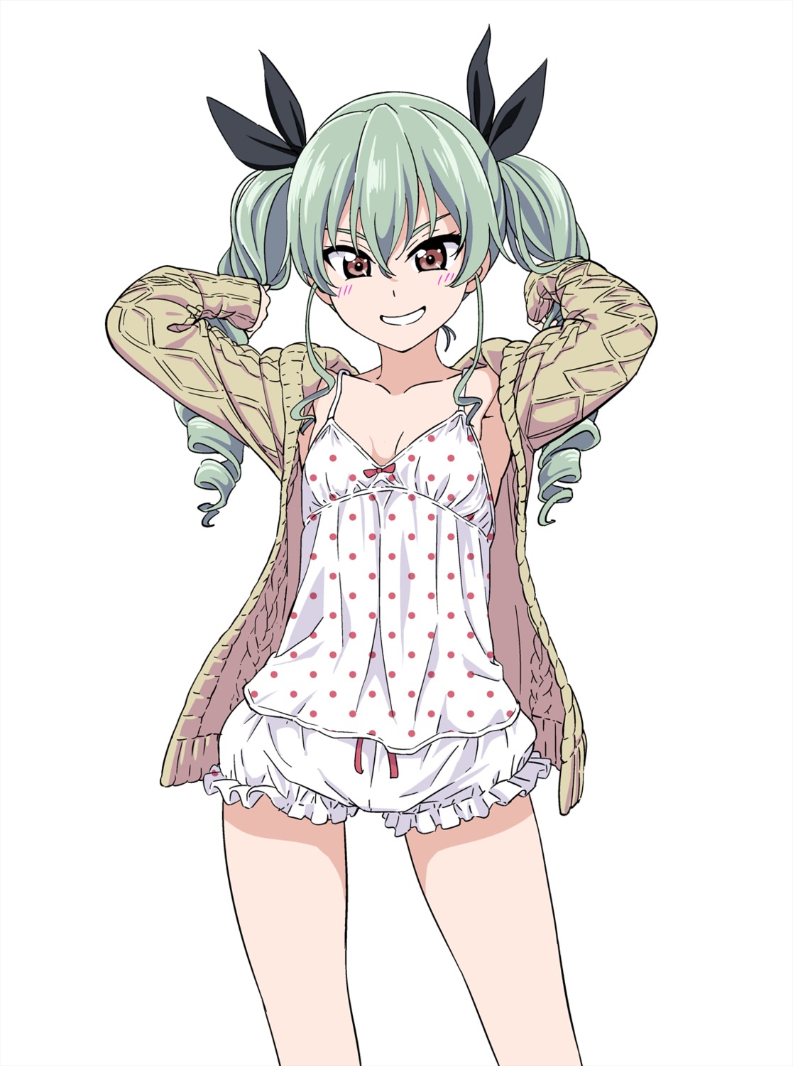 anchovy bloomers cleavage girls_und_panzer hiroyuki_(artist) open_shirt pajama sweater